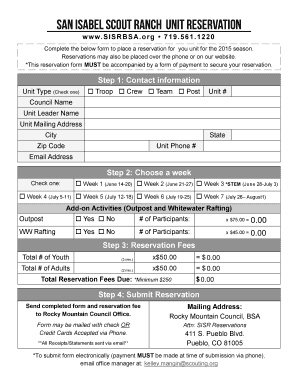 2015 BSA Summer Camp Reservation Form