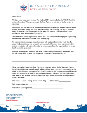 BSA Tour Plan Acknowledgement Form