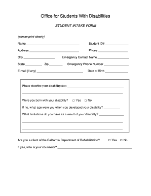 Student Intake Form for Disabilities