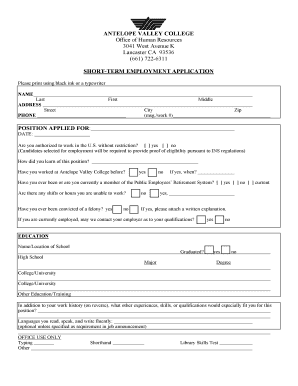 Antelope Valley College Short-Term Employment Application