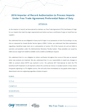 Free Trade Agreement Certificate of Origin Authorization