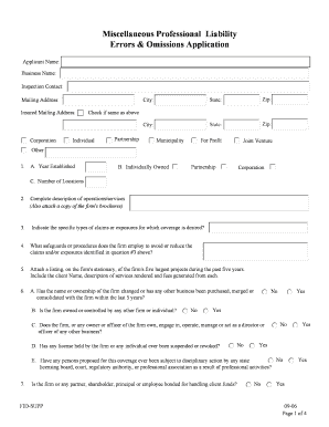 Professional Liability Errors and Omissions Application