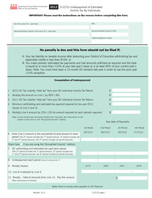 DC Underpayment of Estimated Income Tax Form D-2210