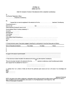 Form 19 - Teachers' Constituency Electoral Roll Claim