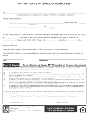 Thirty-Day Notice of Change of Monthly Rent