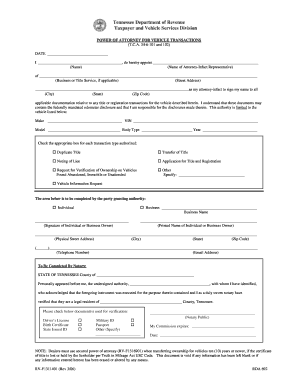 Tennessee Power of Attorney for Vehicle Transactions