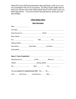 Client Intake Sheet for Bankruptcy Consultation