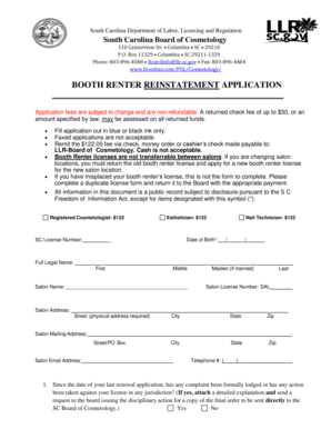 South Carolina Booth Renter Reinstatement Application