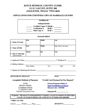Application for Certified Copy of Marriage License