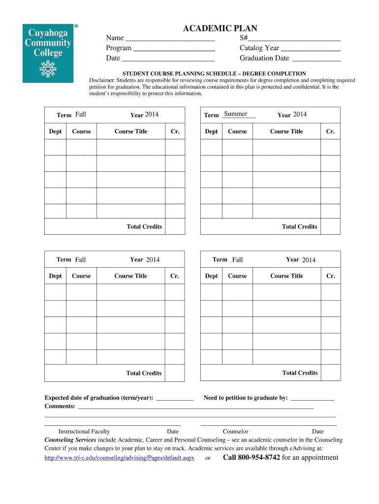 Fillable Online portal tric ACADEMIC PLAN Name S Cuyahoga Community