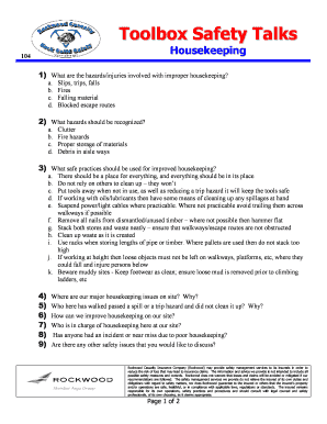 Toolbox Safety Talks Housekeeping Form