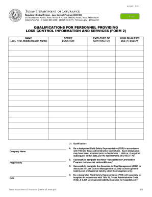 Qualifications for Loss Control Personnel Form