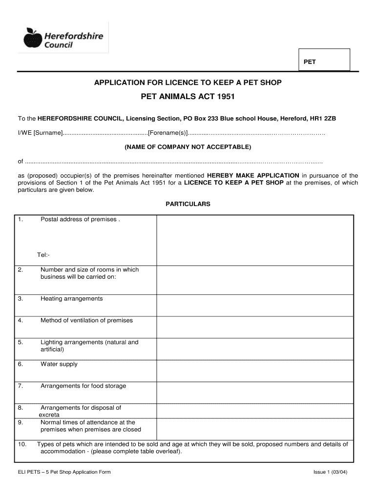 Fillable Online Application for a pet shop licence Pet shop licence Fax