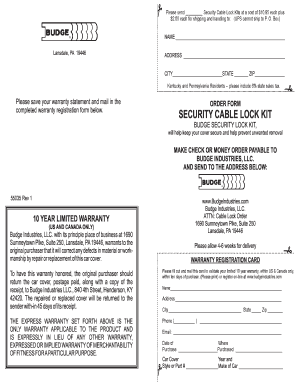 Budge Industries Security Cable Lock Kit Order Form