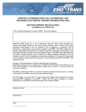Written Authorization to Prepare and Transmit Electronic Export Information