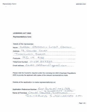 Representation Form for Licensing Act 2003
