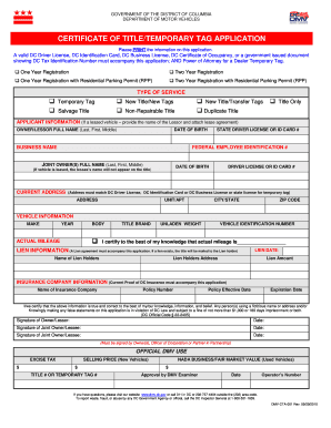 DC Certificate of Title Temporary Tag Application