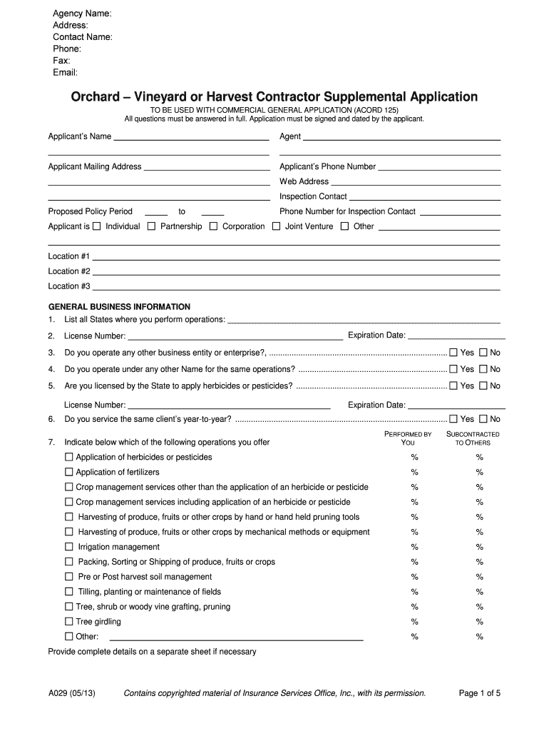Fillable Online Orchard Vineyard or Harvest Contractor Supplemental