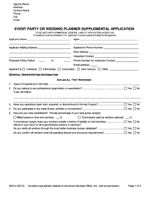 Event Party or Wedding Planner Supplemental Application