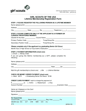 Girl Scouts Lifetime Membership Registration Form