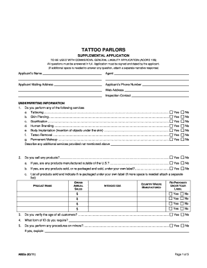 Tattoo Parlor Supplemental Application