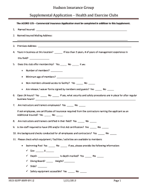 Hudson Insurance Group Health Club Application Supplement