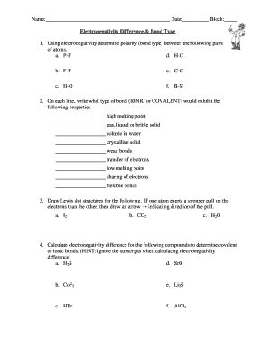 Electronegativity Difference & Bond Type Worksheet