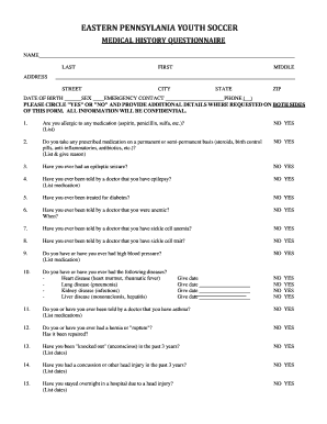 Eastern Pennsylvania Youth Soccer Medical History Questionnaire