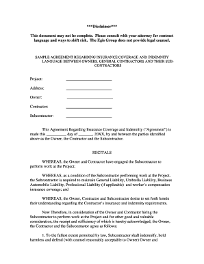 Sample Agreement Regarding Insurance Coverage and Indemnity