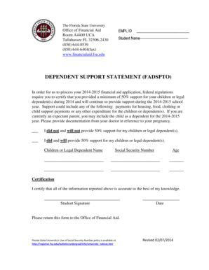 Florida State University Dependent Support Statement