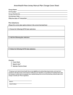AmeriHealth New Jersey Plan Change Cover Sheet
