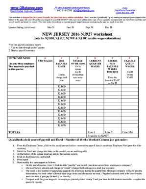 New Jersey 2016 NJ927 Payroll Worksheet