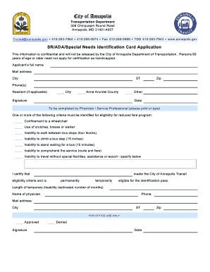 Annapolis SR/ADA Special Needs Identification Card Application