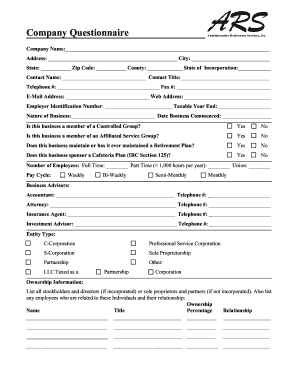 Company Questionnaire for Retirement Services