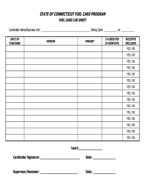 Connecticut Fuel Card Log Sheet