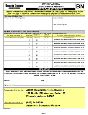 Arizona COBRA Premium Assistance Notification