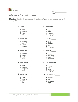 Read Theory Sentence Completion Level 1