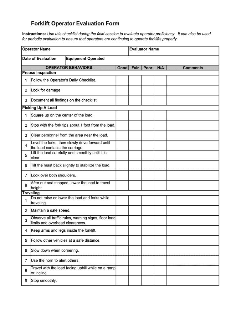 Forklift Operator Evaluation Form EBView Fill Online, Printable, Fillable, Blank