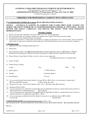 Chiropractor Professional Liability Plus Application