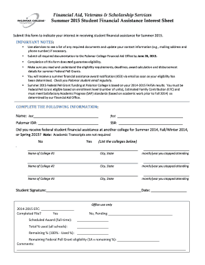 Summer 2015 Financial Aid Interest Sheet