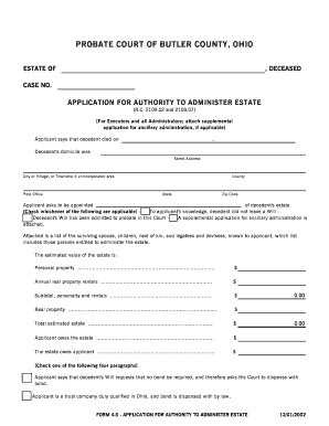 Ohio Probate Court Application for Authority to Administer Estate