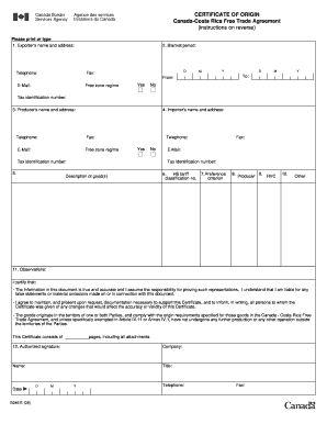 Canada-Costa Rica Free Trade Agreement Certificate of Origin