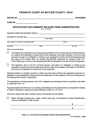 Ohio Application for Summary Release from Administration