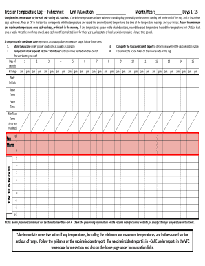 Freezer Temperature Log for VFC Vaccines