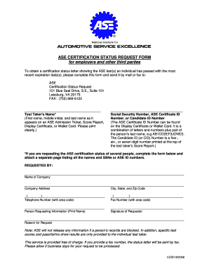 ASE Certification Status Request Form