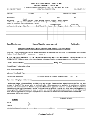 Teamsters Local Union 966 Fringe Benefit Enrollment Form