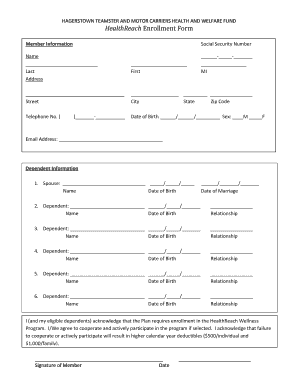 Hagerstown Teamster Health and Welfare Enrollment Form