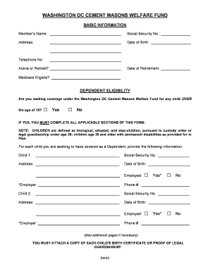 Washington DC Cement Masons Welfare Fund Dependent Coverage Form