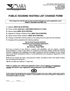 Public Housing Waiting List Change Form