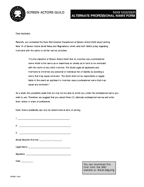 Screen Actors Guild Alternate Professional Name Form